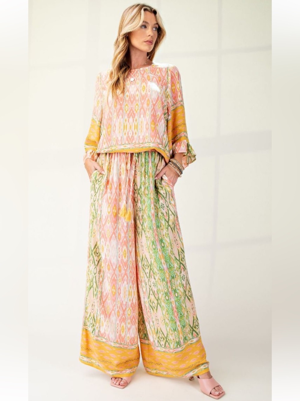 easel Pastel Ikat Wide-Leg Jumpsuit in Pink, Yellow, Green